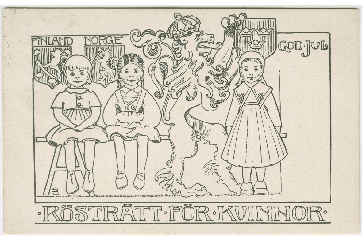 Piirretyssä kortissa kolme tyttöä ja vaakunaleijona.