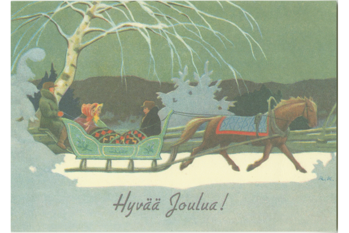 Vaakamallinen piirroskortti, jossa lumisessa maisemassa ihmisiä kulkee reessä, kuski on reen takana, alla teksti Hyvää joulua