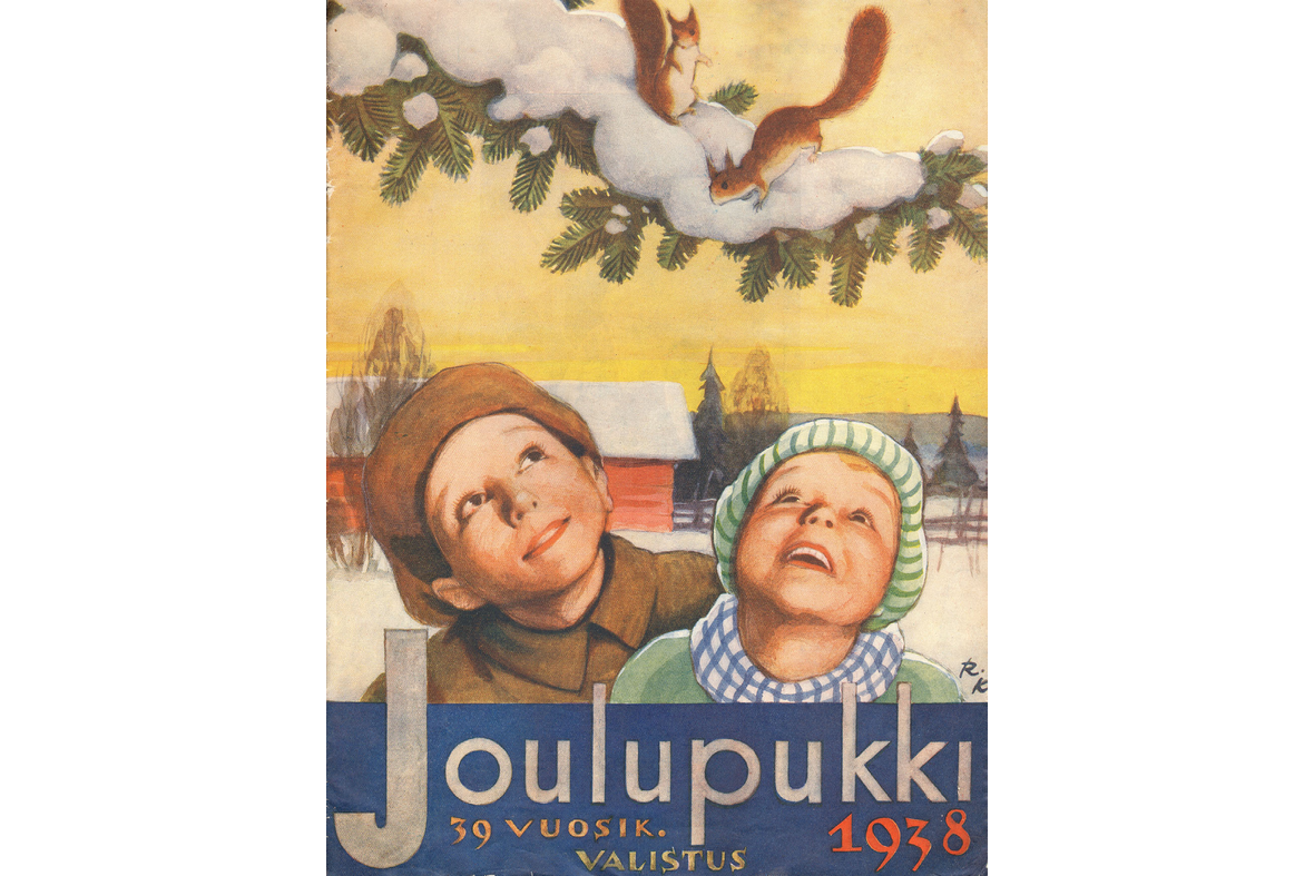 Joulupukki-lehden kansi, jossa piirroskuva lapsista katsomassa lumen peittämällä kuusen oksalla olevia oravia maalaismaisemassa