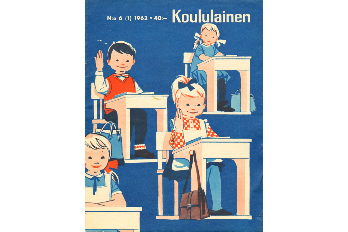 Koululainen-lehti, jonka kannen piirroksessa lapset viittaavat pulpettiensa takaa.