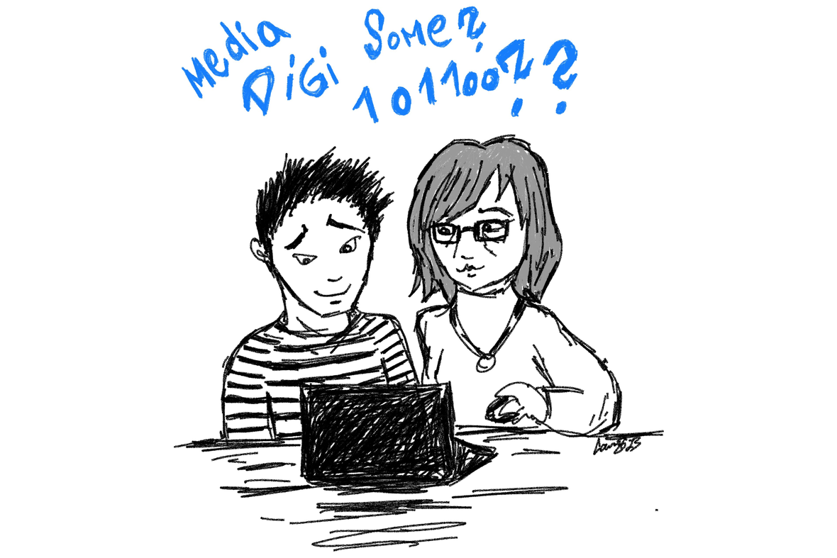 Nuori ja vanhempi ihminen ovat tietokoneen ääressä piirretyssä kuvassa.