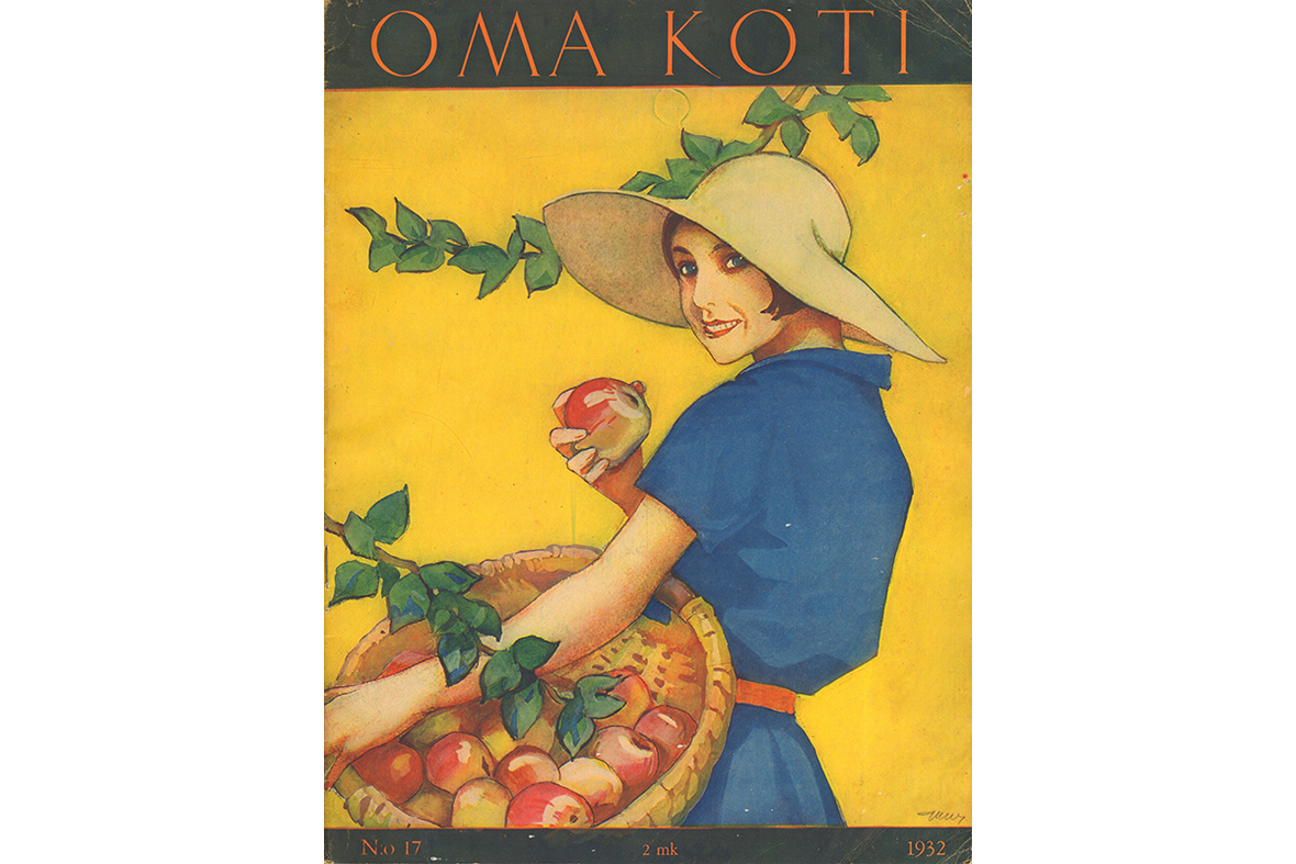 Oma Koti -lehden kansikuva, jossa Martta Wendelinin piirros naisesta hattu päässä ja omenakori kädessään, toisessa omena.