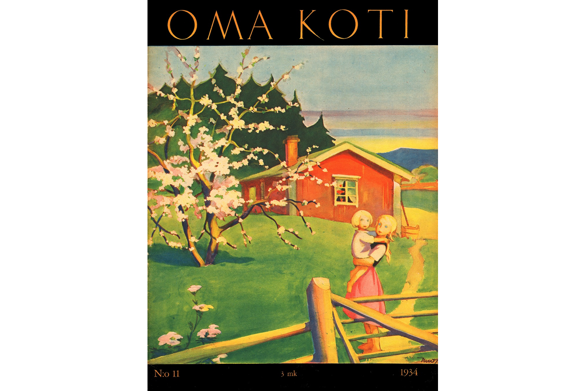 Oma Koti -lehden kansikuva, jossa Martta Wendelinin piirros pihasta. Piirroksessa aita, jonka takana tyttö toisen sylissä, omenapuu nurmikolla ja punainen tupa.