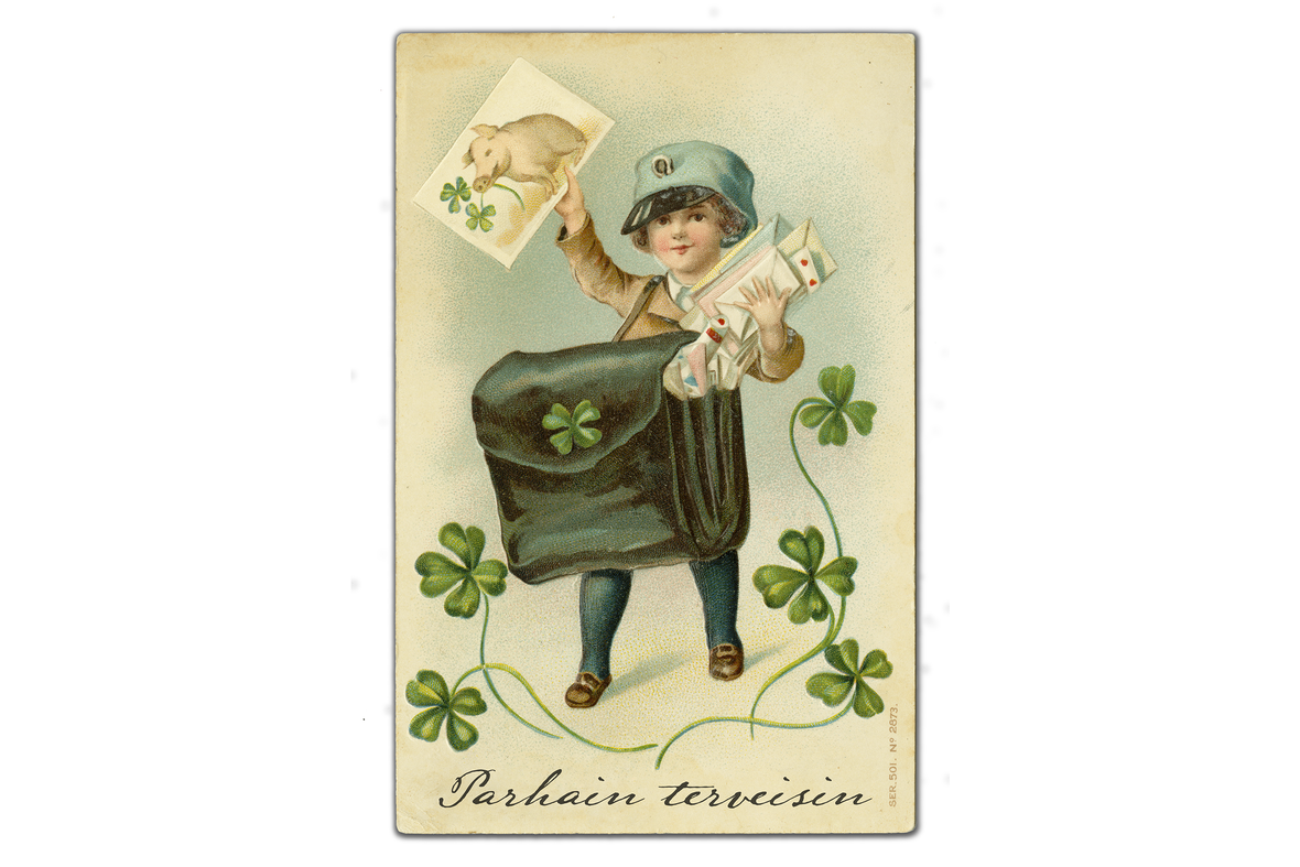 A vertical postcard with a small boy in an oversized cap holding letters and a card and a shoulder bag covering his middle body on his shoulder. There are four-leaf clovers all around and the bottom band has a beautiful text Best regards.