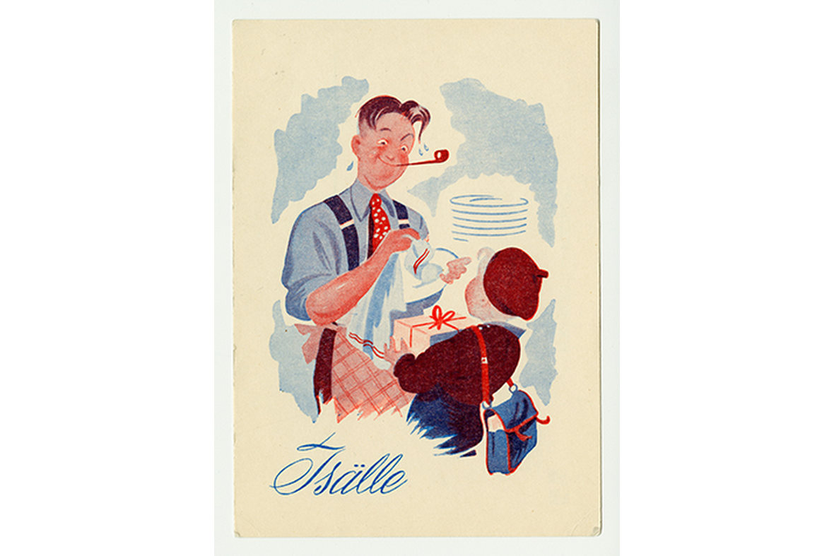 Pystymallisessa postikortissa on piirroskuva, jossa mies sikari suussa kuivaa astioita ja lapsi päällysvaatteet päällään on ojentamassa pakettia. Vasemmalla alakulmassa on painettuna teksti Isälle