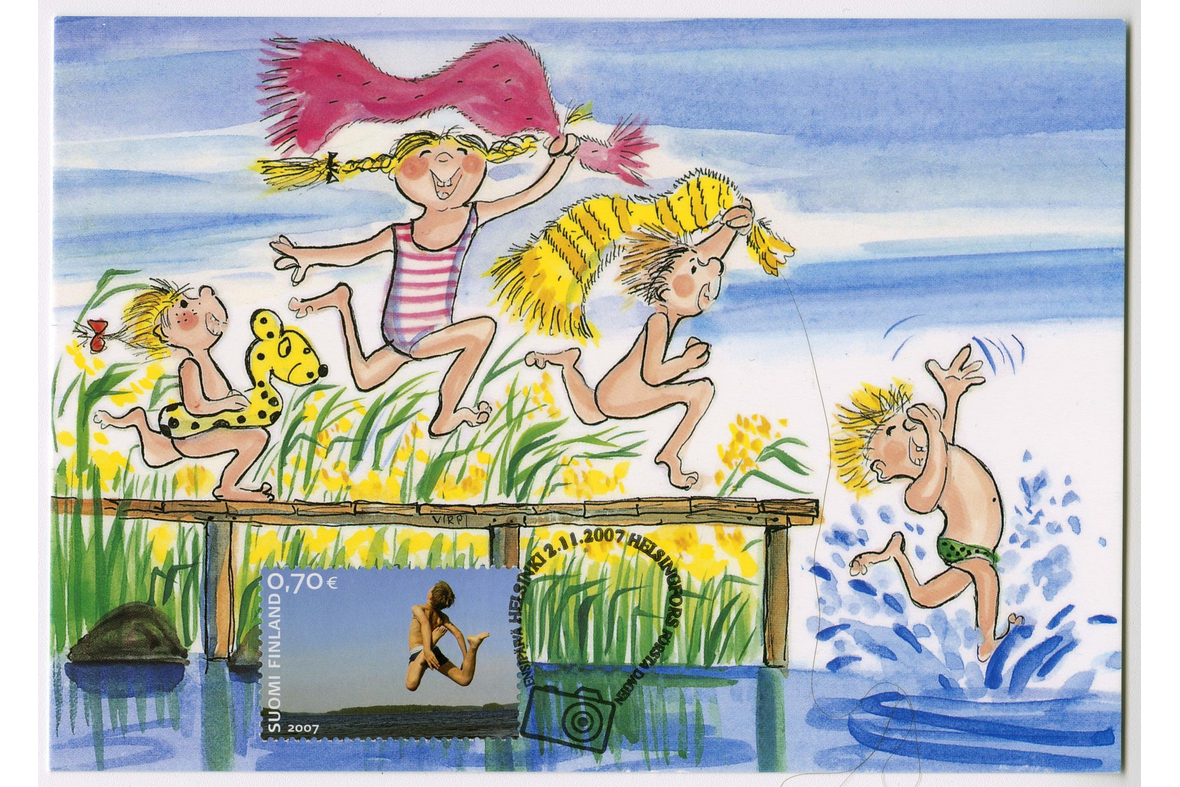 Lapset hyppäävät laiturilta uimaan jonossa, alla postimerkki, jossa poika hyppää veteen.