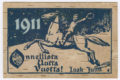 Vaakamallinen postikortti, jossa on tuohinen pohja. Kuvassa piirrettynä yölliseen talvimaisemaan poika ratsailla sekä tekstinä on 1911 Onnellista Uutta Vuotta! Isak Julin.