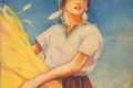 Oma Koti -lehden kansikuva, jossa Martta Wendelinin piirros naisesta huivi päässä ja olkilyhde käsissään.