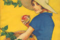 Oma Koti -lehden kansikuva, jossa Martta Wendelinin piirros naisesta hattu päässä ja omenakori kädessään, toisessa omena.