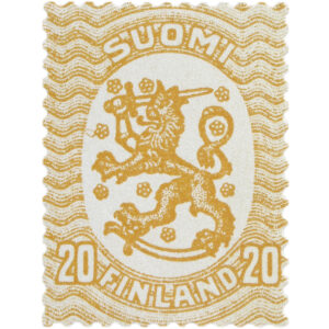 Pystytasoinen oranssivärinen postimerkki, jossa on keskellä valkoisessa soikiossa leijonavaakuna yhdeksän heraldisen ruusukkeen ympäröimänä. Soikion ympärillä aaltokuviota. Ylhäällä tekstinä Suomi, alhaalla Finland sekä sen molemmin puolin numeroin kaksikymmentä.
