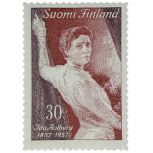 Pystymallinen punamusta postimerkki, jossa nainen on kiinni verhossa, eteenpäin menossa, mutta katsoo taakseen. Ylhäällä tekstinä Suomi Finland. Alhaalla vasemmalla kolmekymmentä numeroin sekä Ida Aalberg 1857-1957.