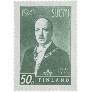 Pystymallinen postimerkki, jossa on presidentti Ryti juhla-asussa. Yläpuolella vuosiluku 1941 ja Tekstinä Suomi. Alapuolella numeroin merkittynä viisikymmentä ja p. sekä tekstinä Finland. Kuvan alakulmassa tekstinä Risto Ryti.